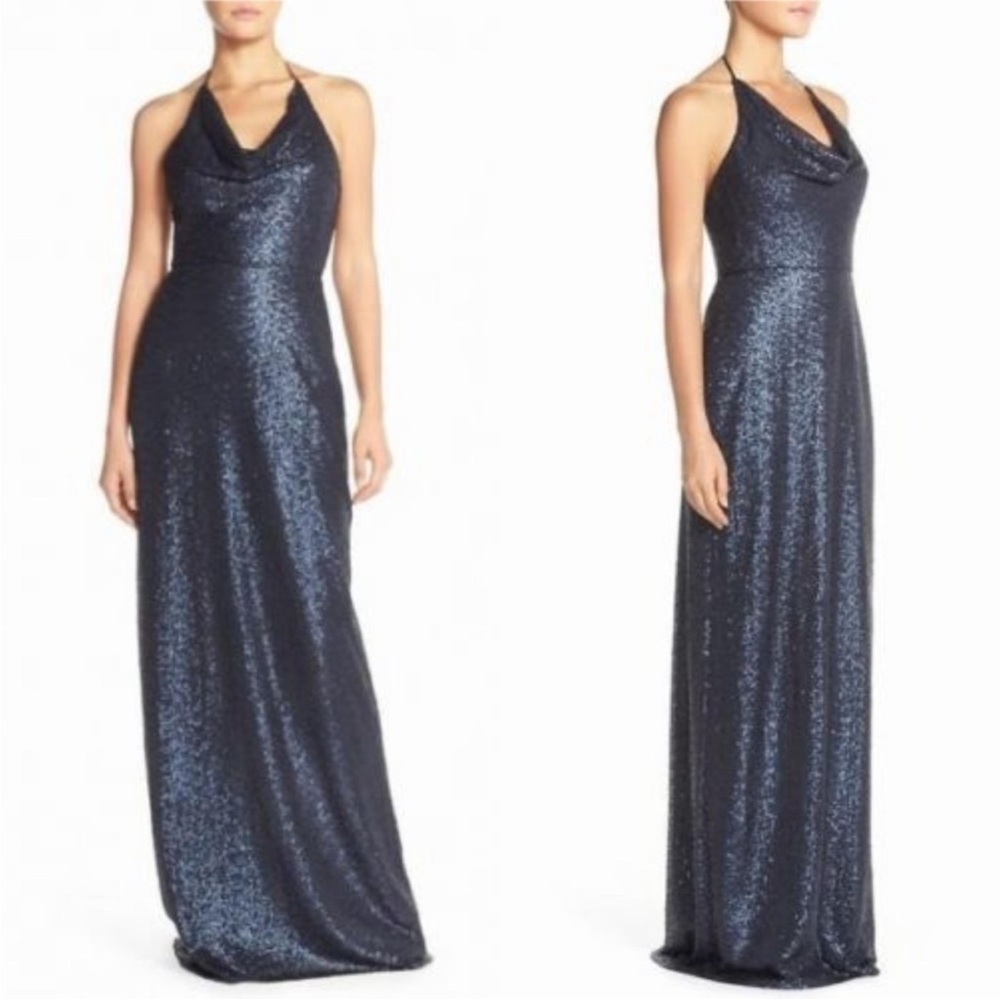 Amsale Honora Cowl Neck Sequin Tulle Halter Gown Maxi Dress Size 2